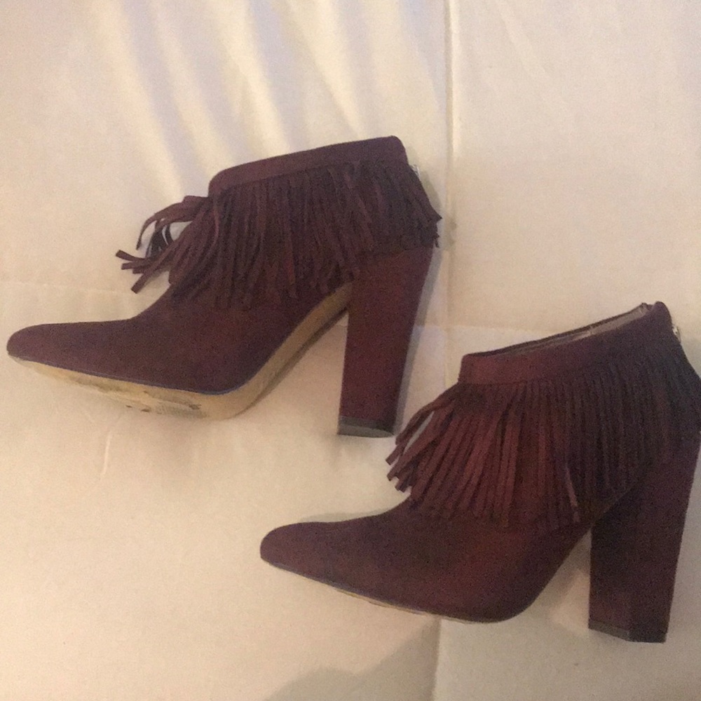 Wine red fringe ankle booties